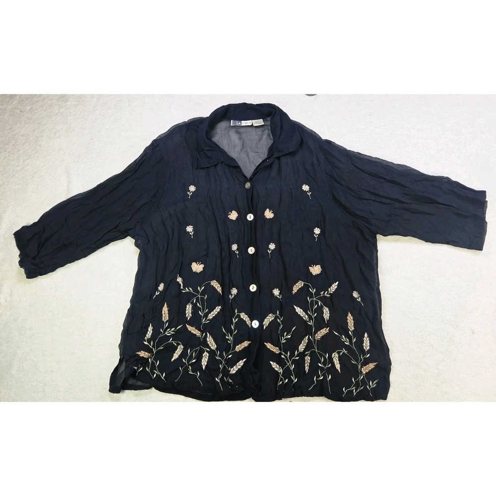 LA CERA Womens Large Black Embroidered Floral Blouse Boho Rayon Button Front...